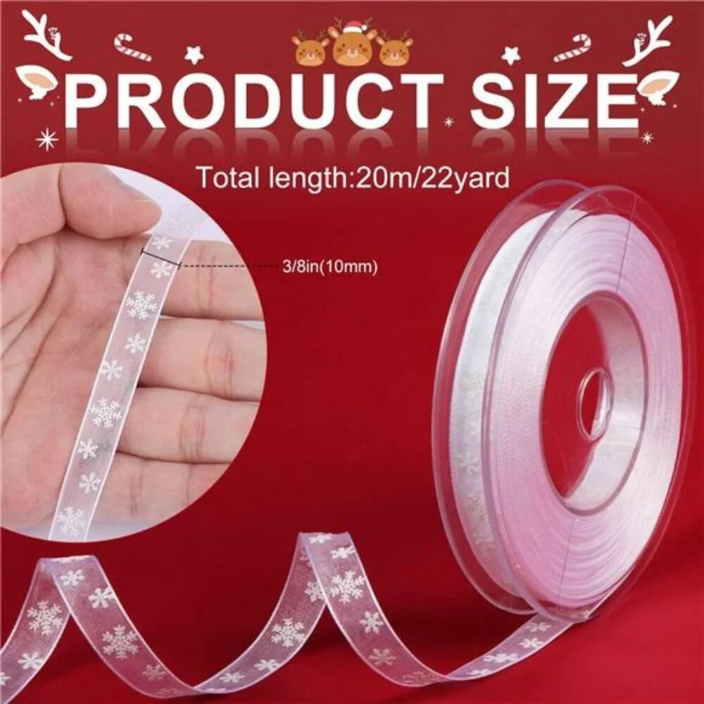 White Snowflake Christmas Ribbon 22 Yards Polyester for Gift Wrapping Crafts